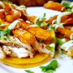 African Dukkah Spice Tacos w/ Sweet Peach Heat Sauce and Sweet Potato Fries