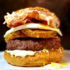 Fried Green Tomato and Pimento Cheese Maple Bacon Burger