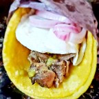Easy Pork Carnitas W/ Roasted Anaheim Pepper Sauce, Pickled Red Onions And A Fried Egg