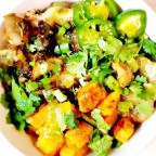 Jerk Chicken Fusion Bowl W/ Brown Sugar Rum Bananas, Tomatillo Sauce and Couscous