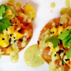 Mini Fusion Poké Tostadas W/ Honey Mango Mix And Spicy Tomatillo Avocado Sauce