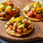 Mini Fusion Poké Tostadas W/ Honey Mango Mix And Spicy Tomatillo Avocado Sauce